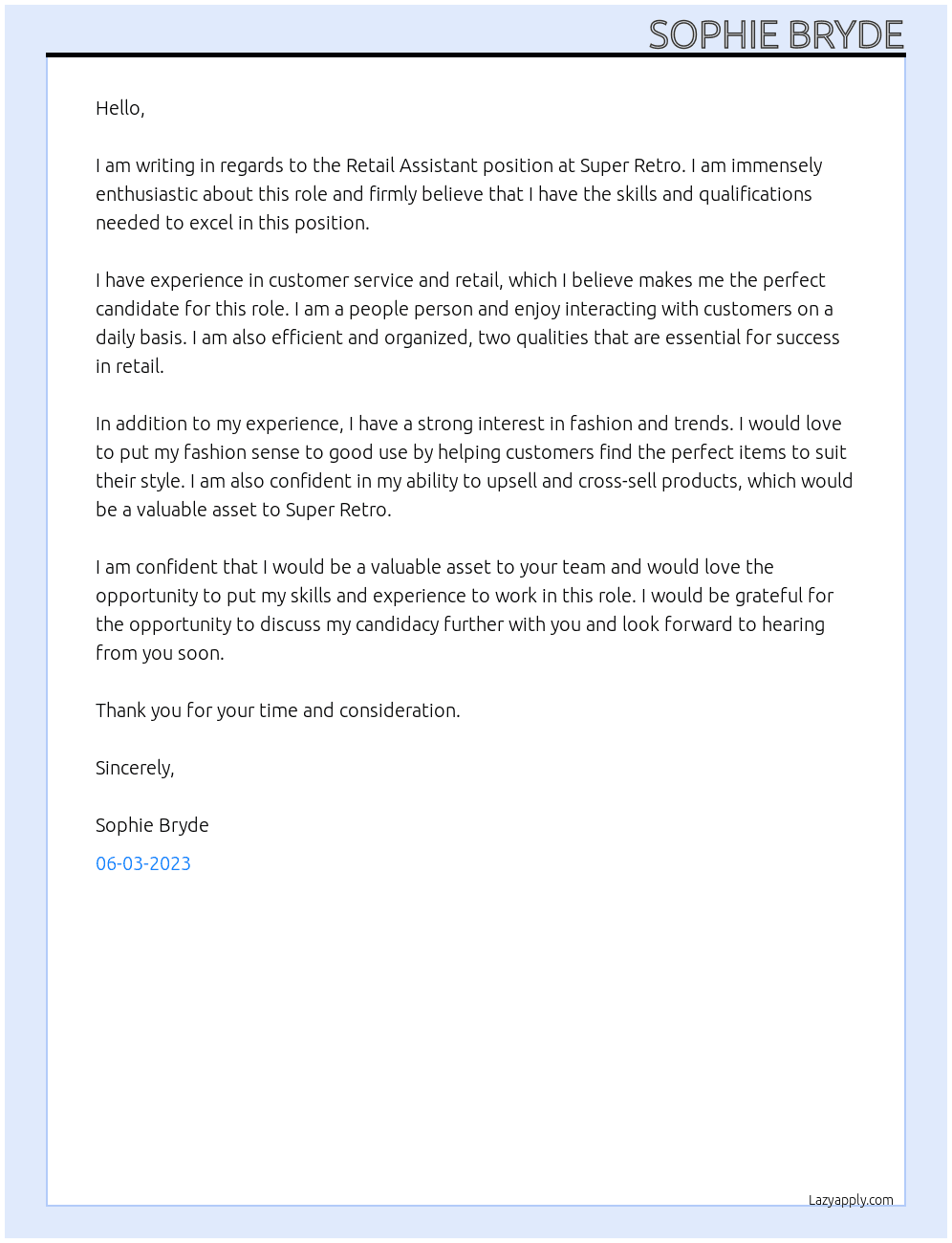 Retail Assistant At Super Retro Cover Letter