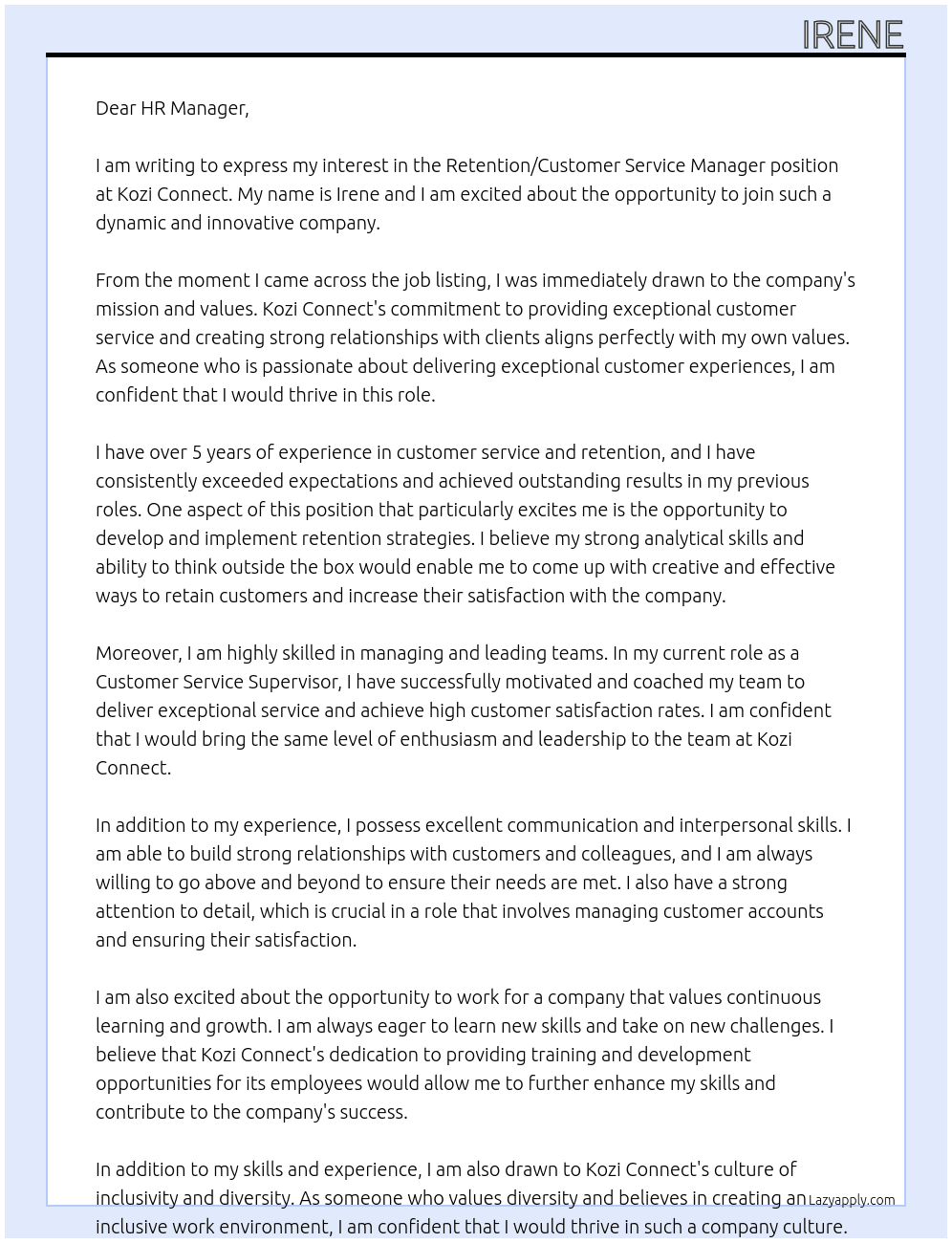 Retention / Customer Service Manager At Kozi Connect  Cover Letter