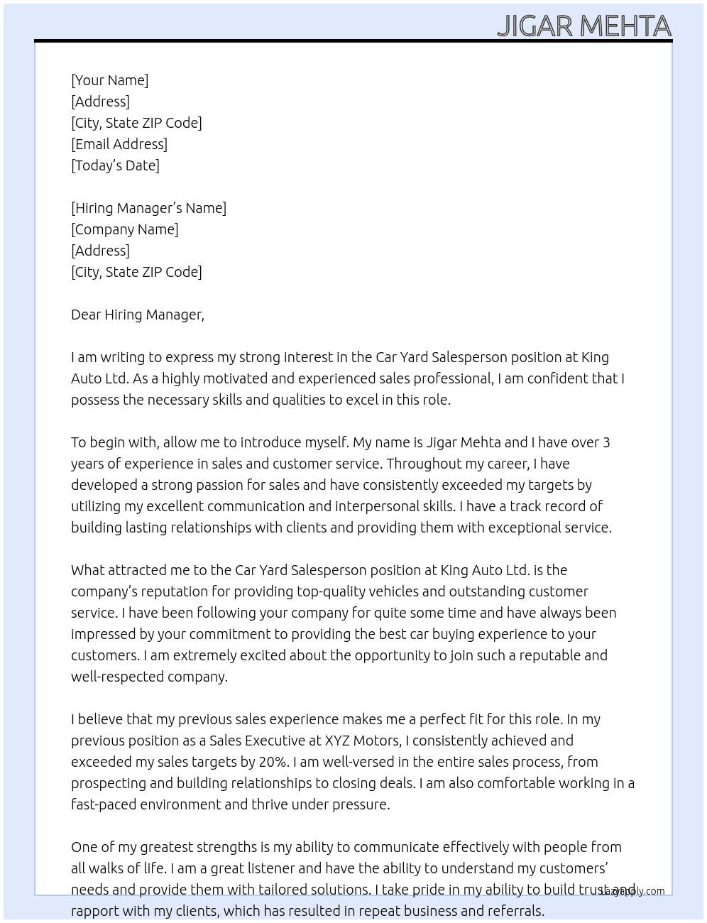 Car Yard SalesPerson At King Auto Ltd. Cover Letter