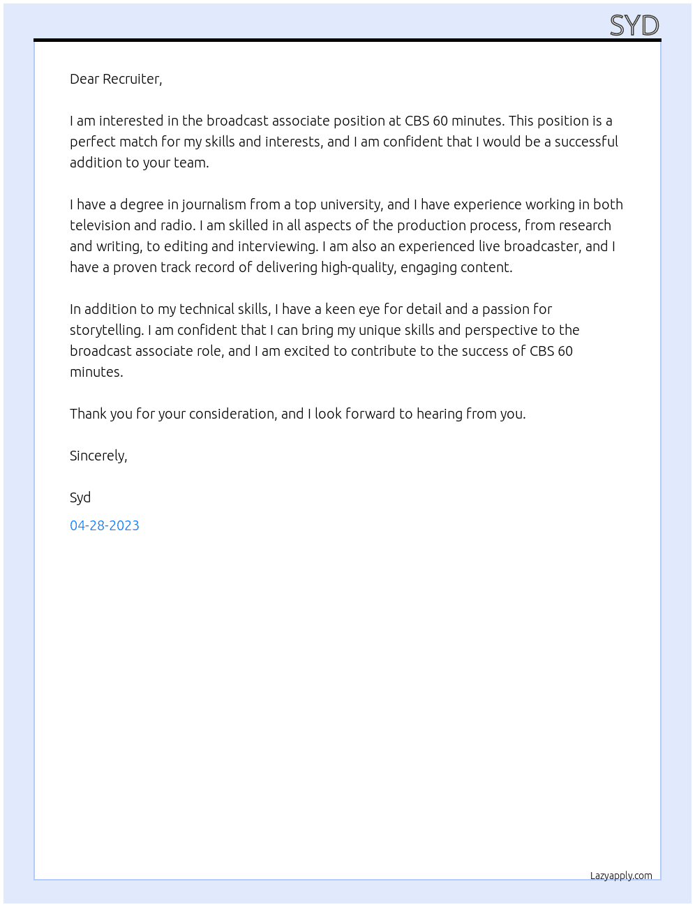 Broadcast associate At CBS 60 minutes Cover Letter