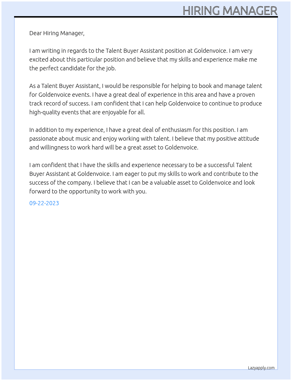 Talent Buyer Assistant At Goldenvoice Cover Letter