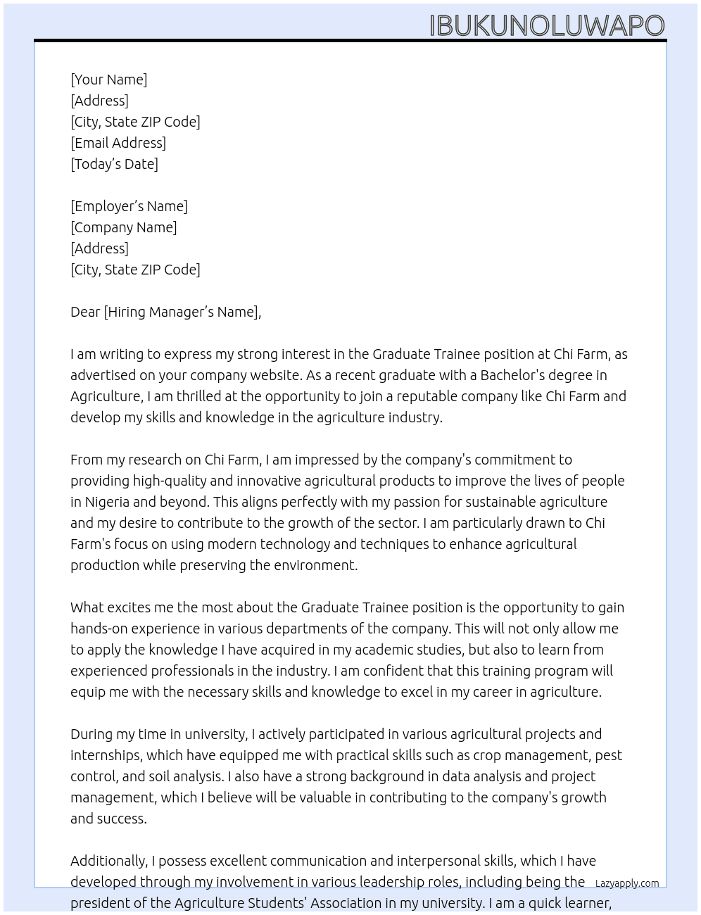 Graduate Trainee  At Chi Farm  Cover Letter