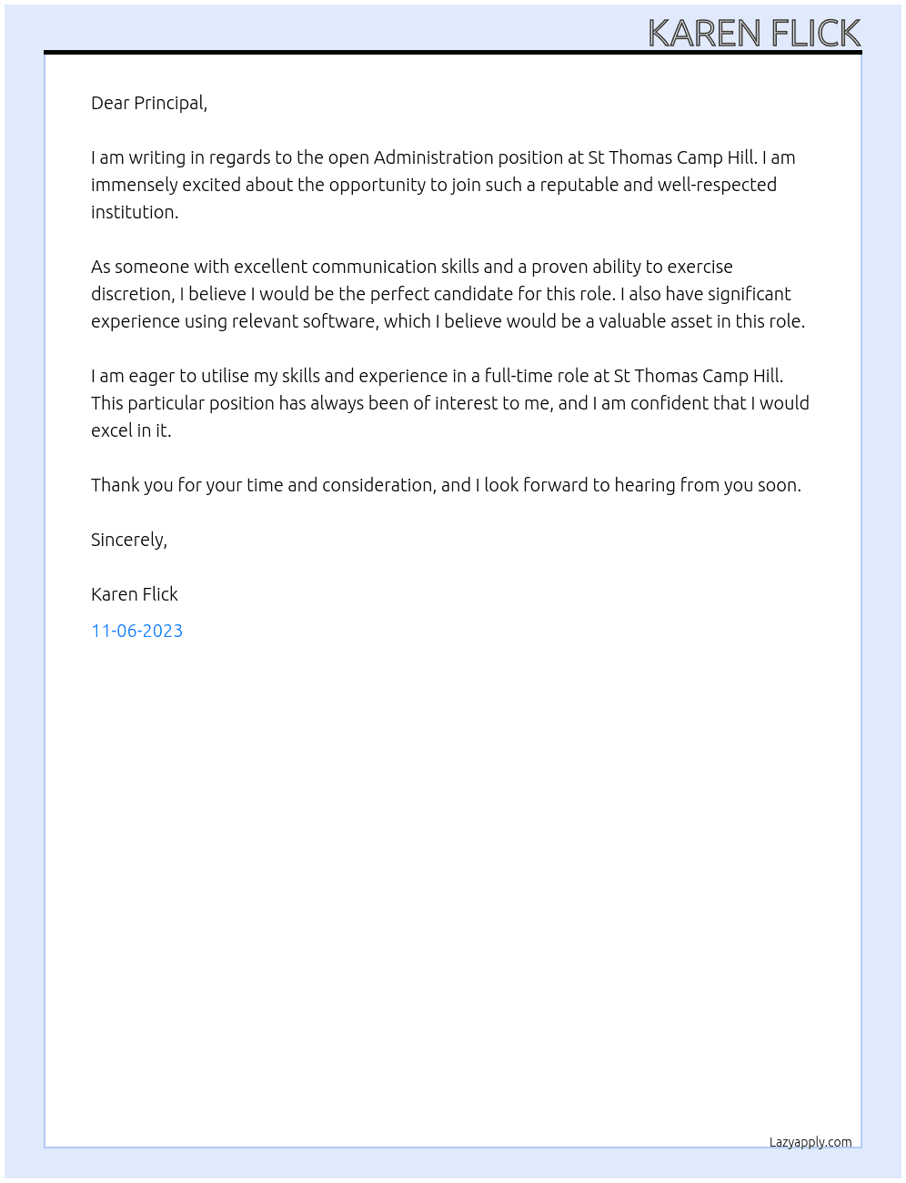 Administration school based At Brisbane Catholic Education - St Thomas Camp Hill Cover Letter