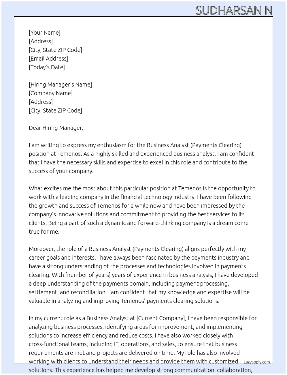Business Analyst (Payments Clearing) At Temenos Cover Letter