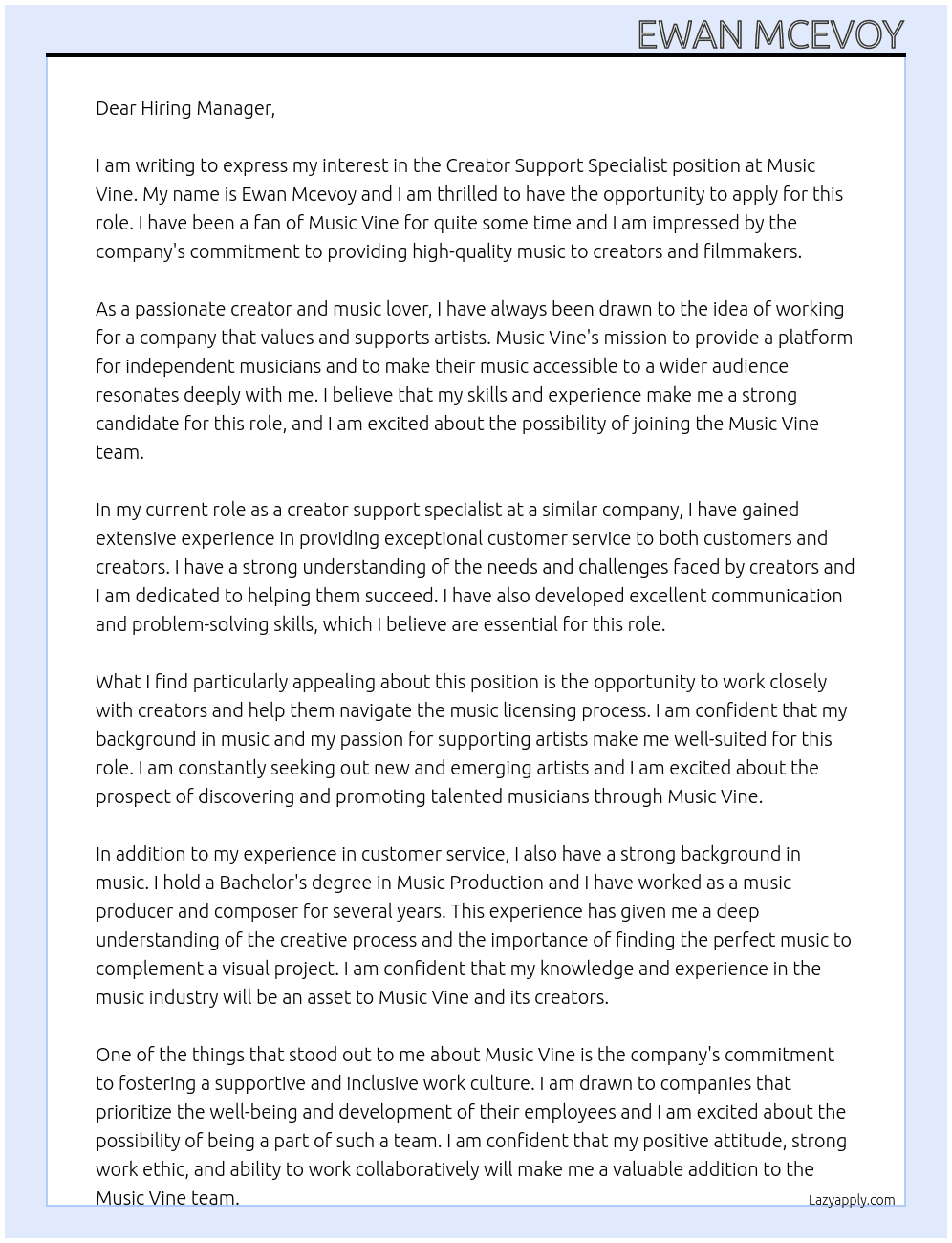 Creator support specialist At Music vine Cover Letter
