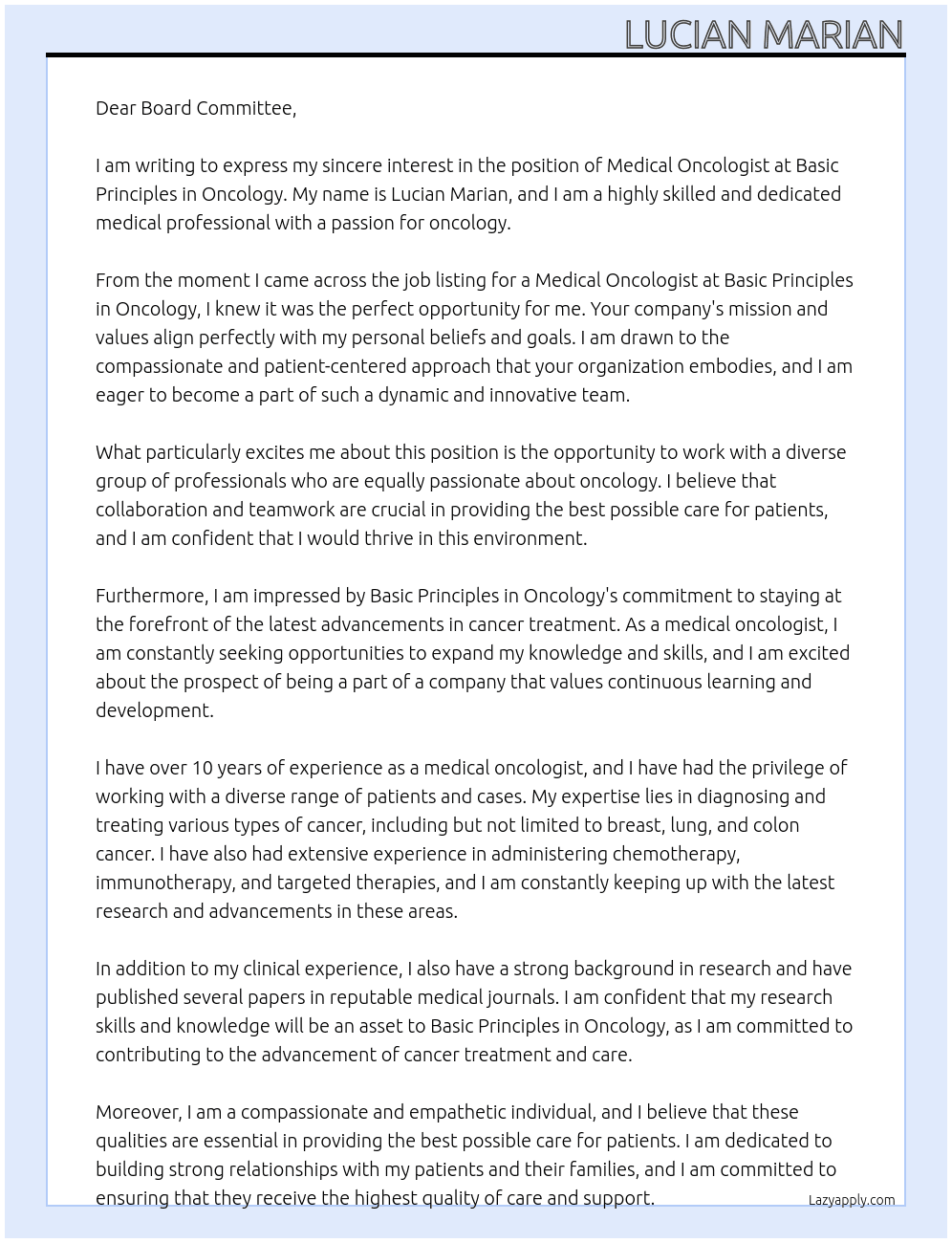 medical oncologist At Basic Principles in Oncology Cover Letter