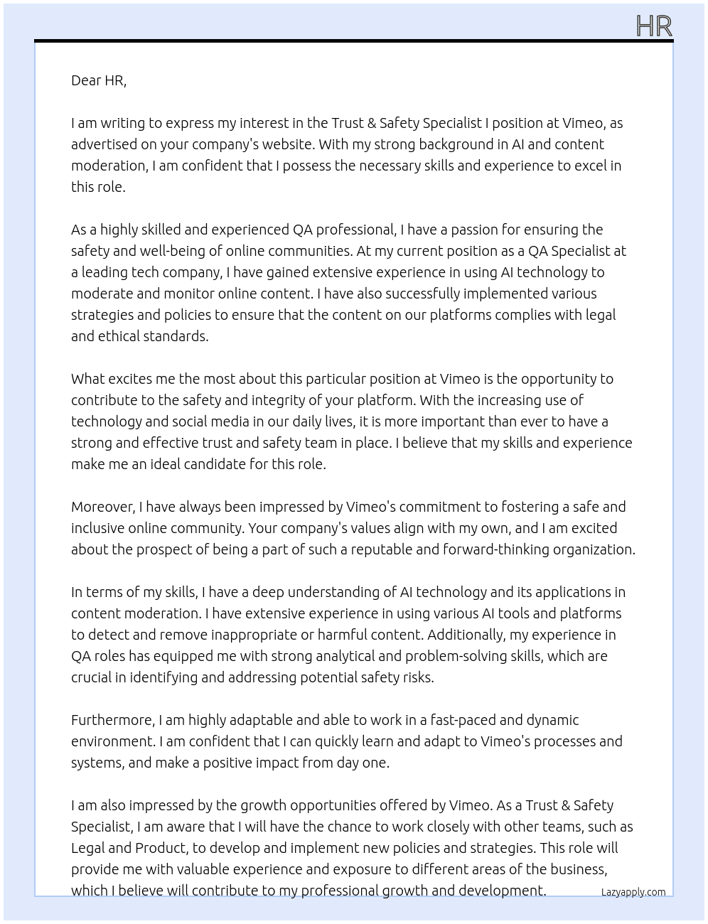 Trust & Safety Specialist I (India) At Vimeo  Cover Letter