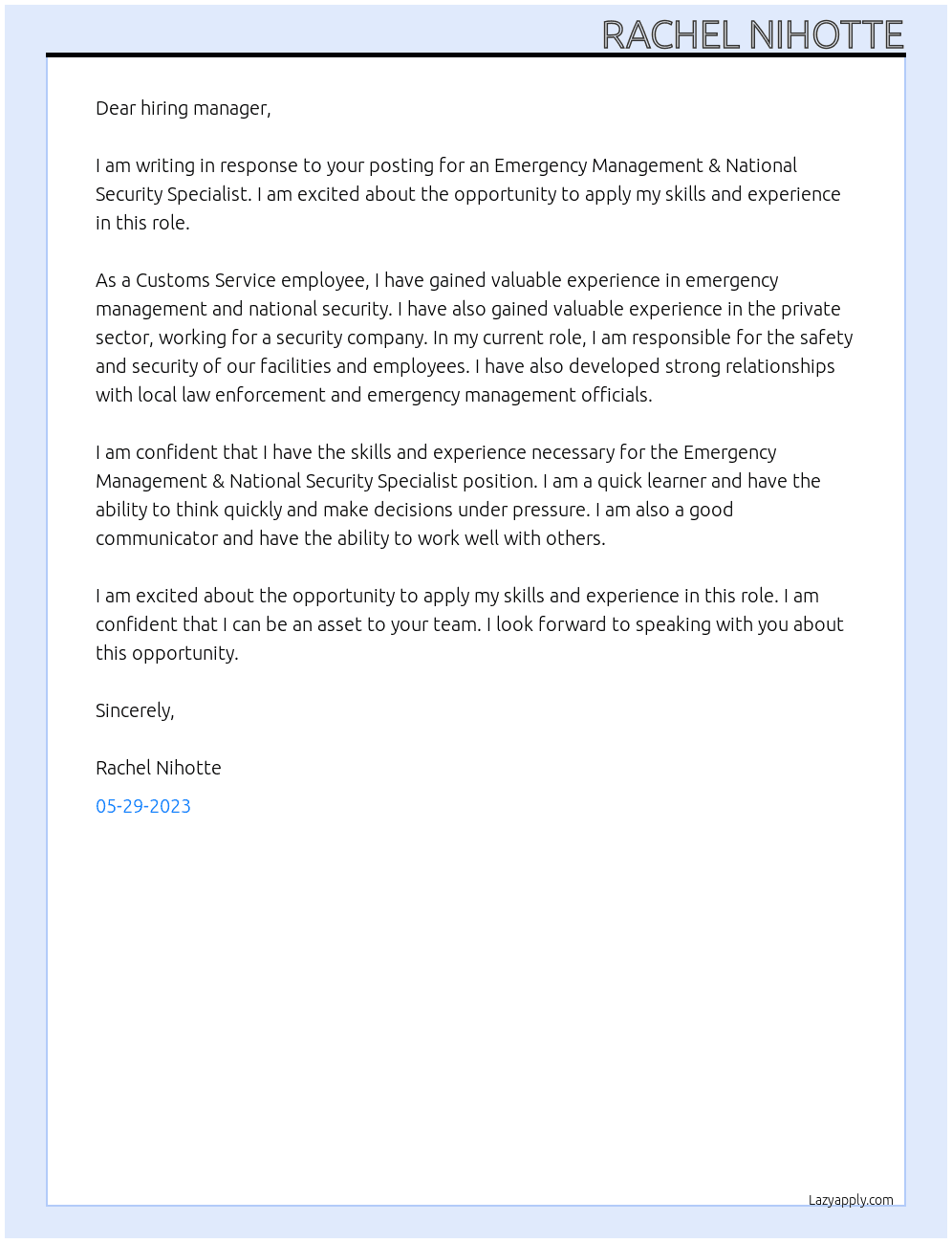 Emergency Management & National Security Specialist At Customs Service Cover Letter