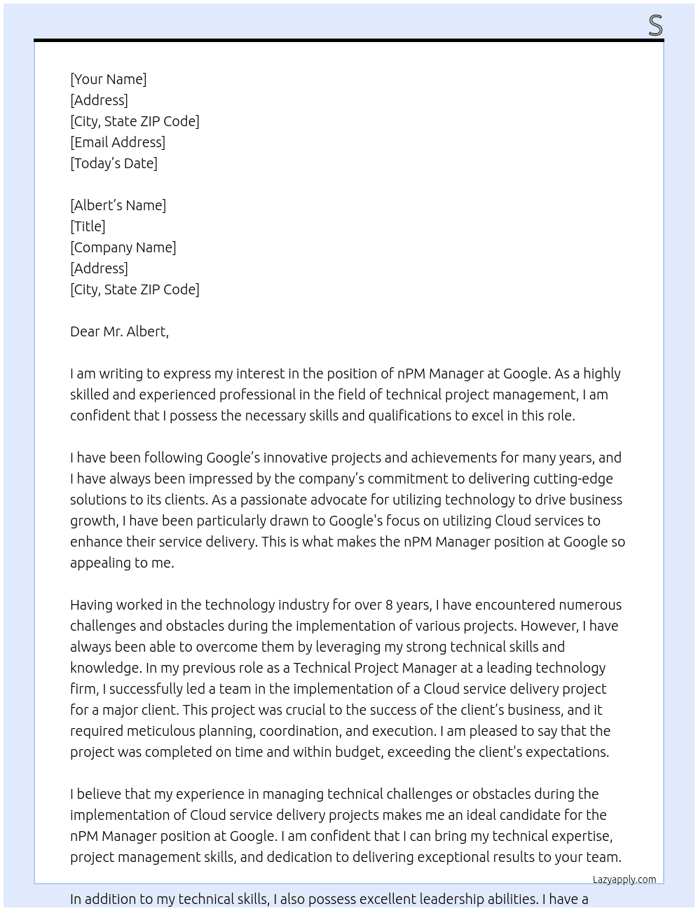 nPM manager At googl Cover Letter