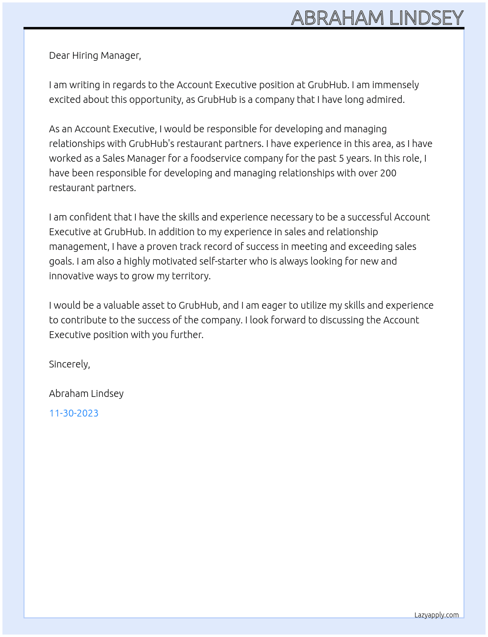Account Executive At GrubHub Cover Letter