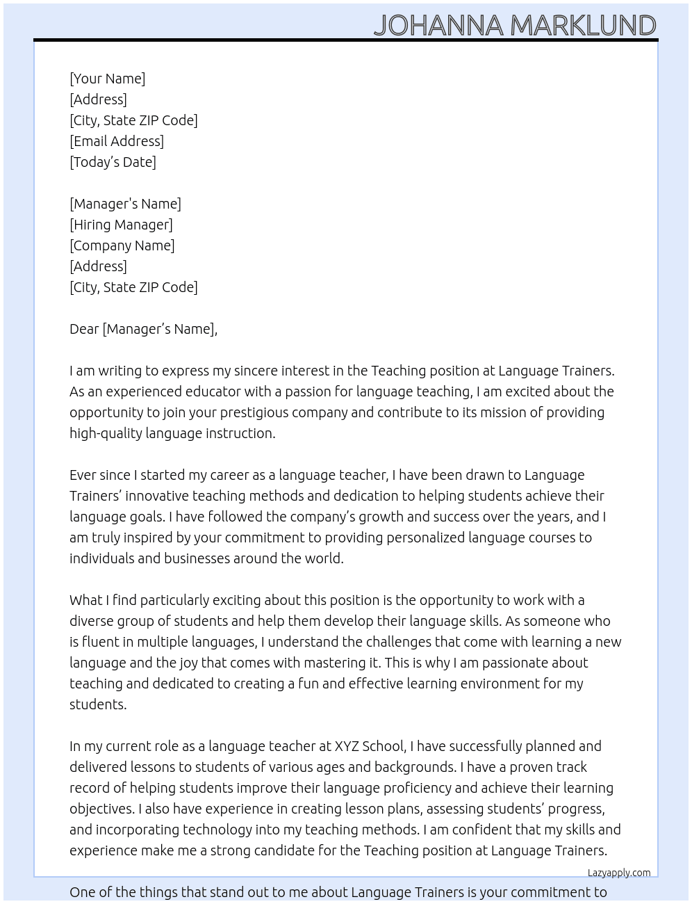 Teaching  At Language Trainers Cover Letter