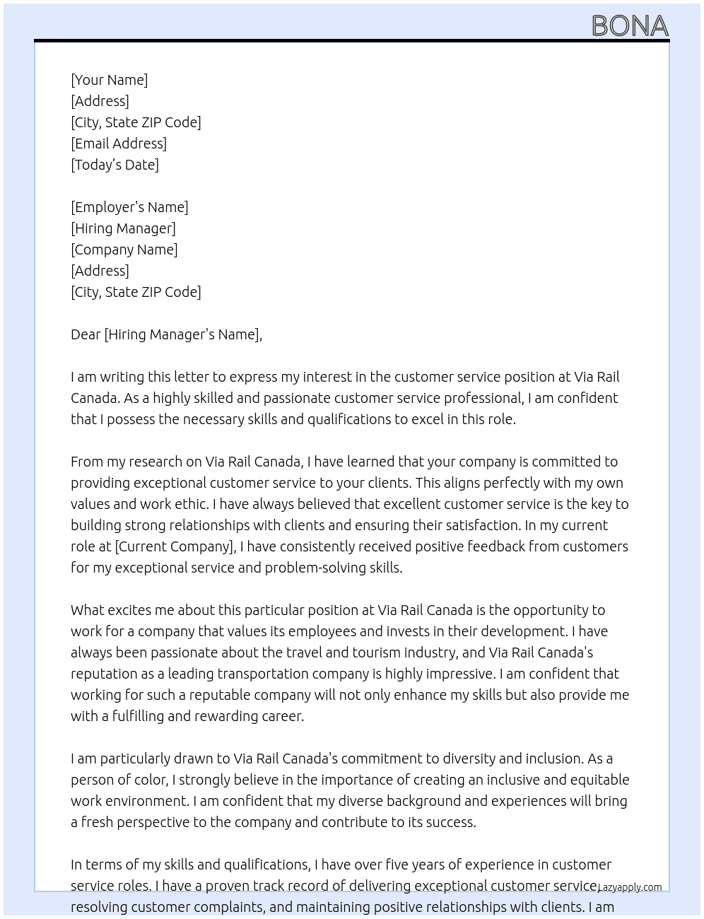 customer service At via rail canada Cover Letter