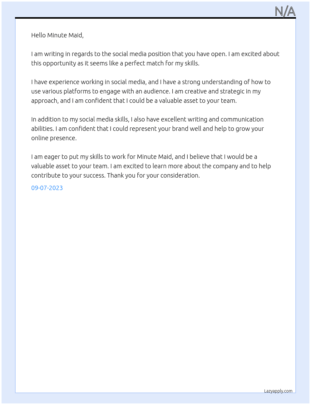 social media  At minute maid  Cover Letter