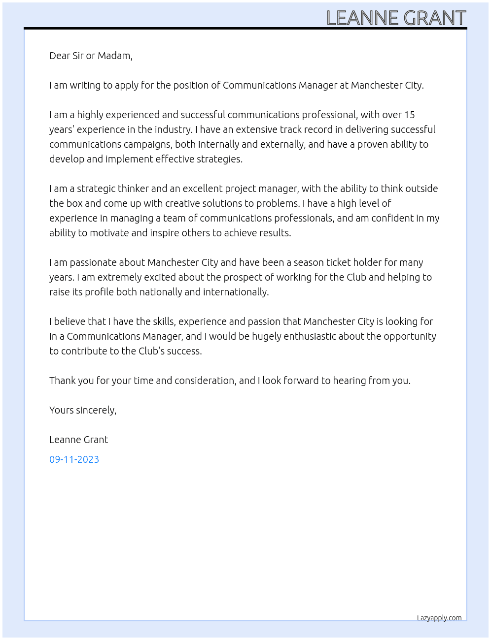 Communications manager At Manchester City  Cover Letter