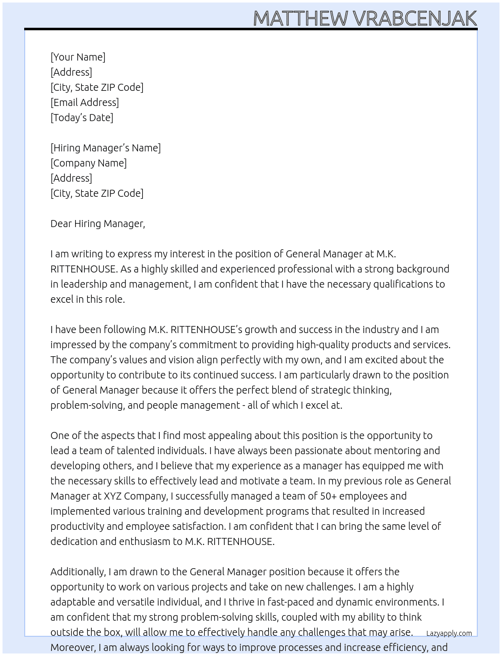 General Manager At M.K. RITTENHOUSE Cover Letter