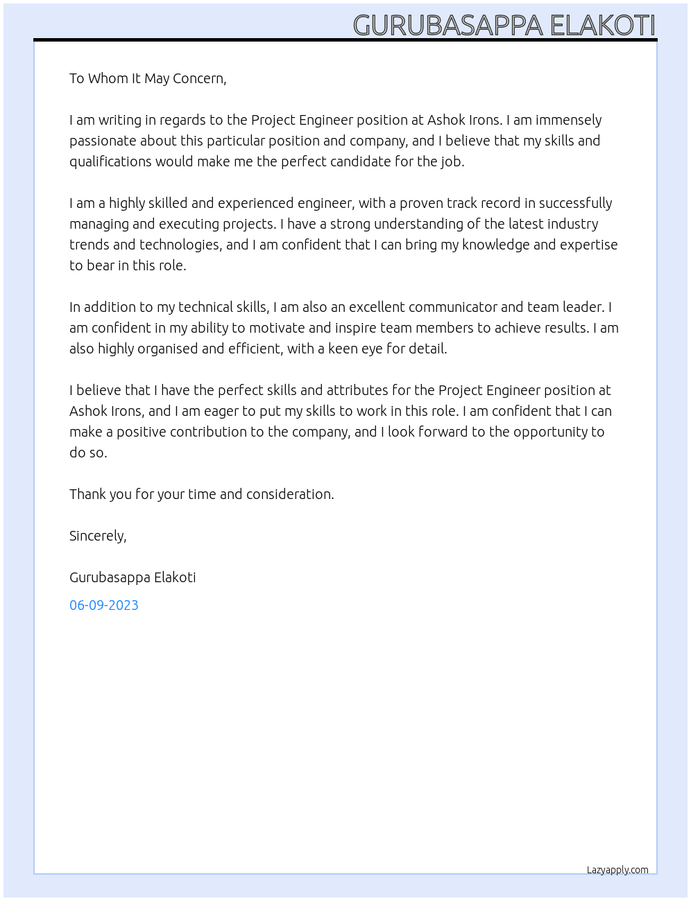 project engineer At ashok irons Cover Letter