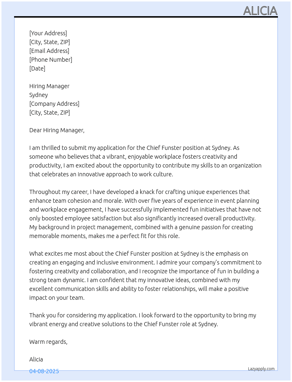 Chief Funster At Sydney Cover Letter