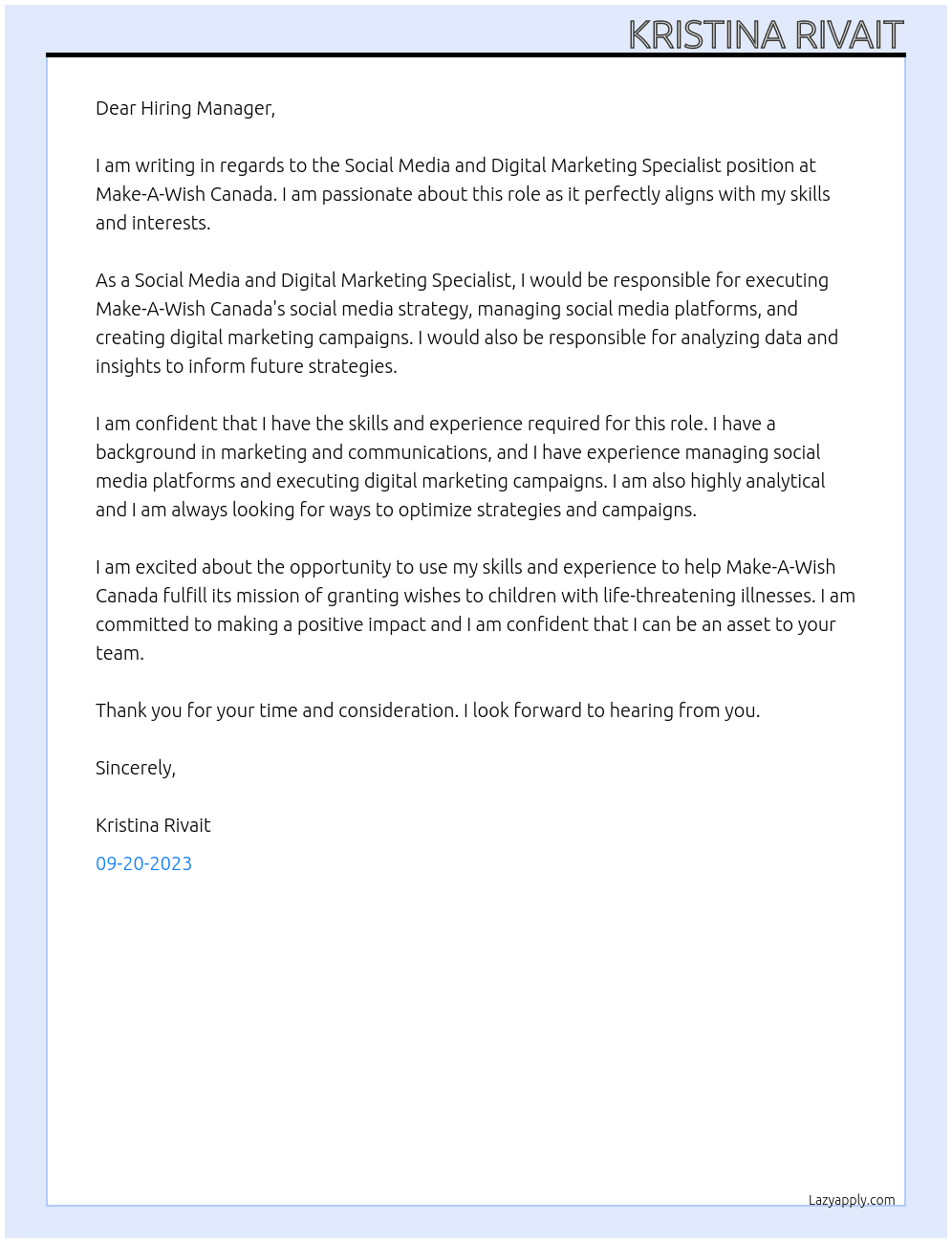 Social Media and Digital Marketing Specialist At Make-A-Wish Canada Cover Letter