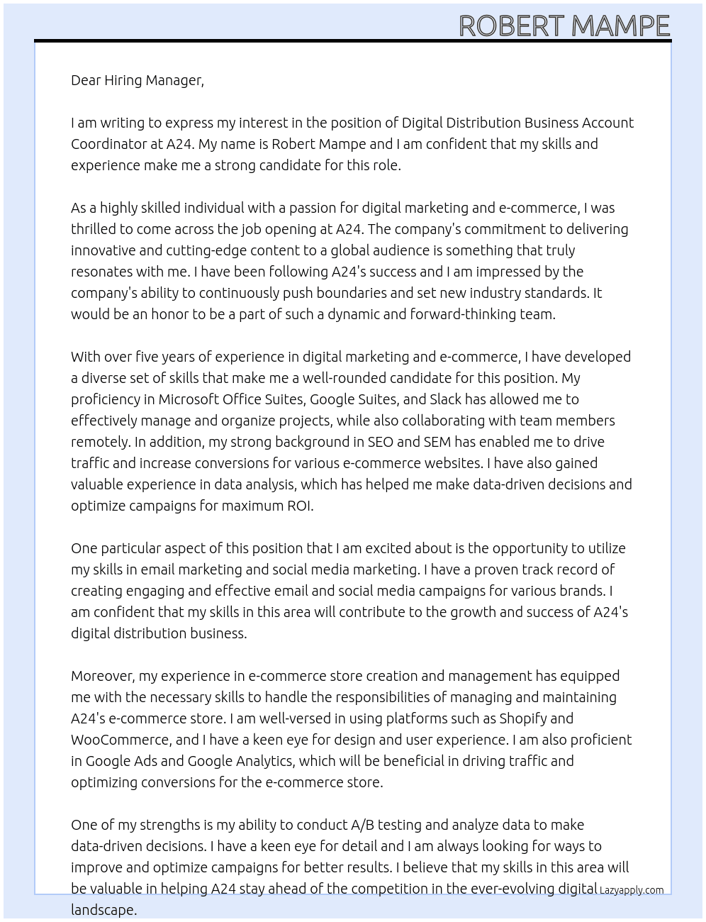 Digital Distribution Business Account Coordinator At A24 Cover Letter