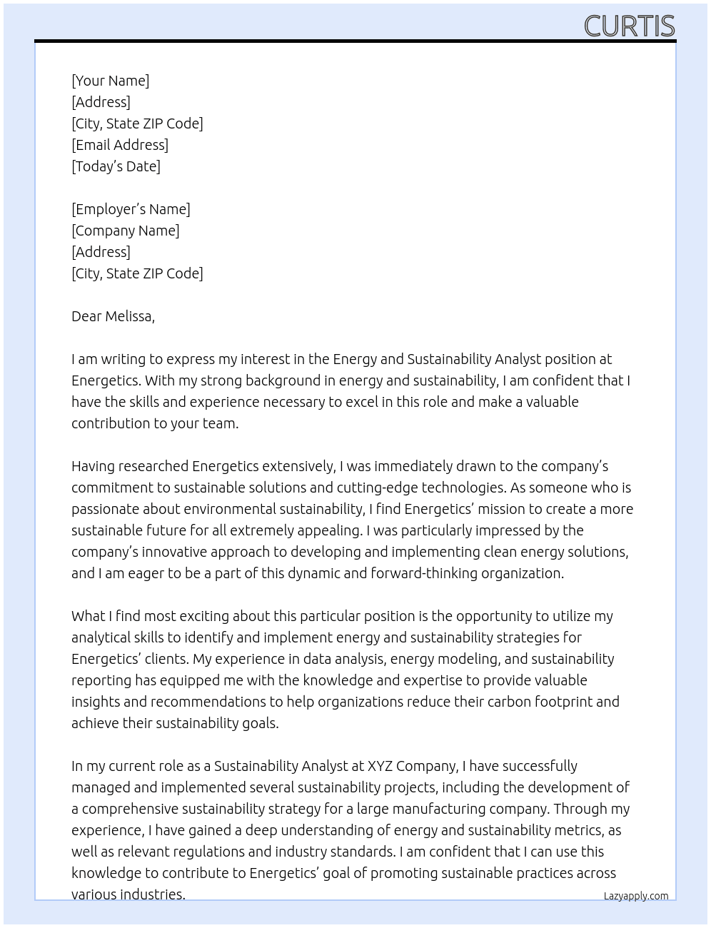 Energy and Sustainability Analyst At Energetics Cover Letter