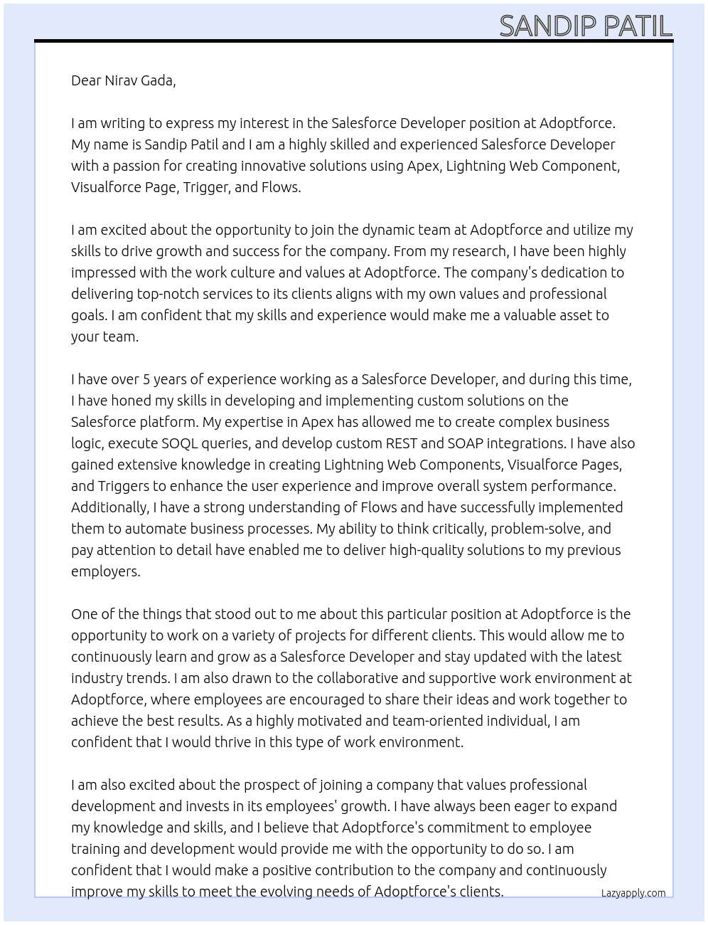 Salesforce Developer At Adoptforce Cover Letter
