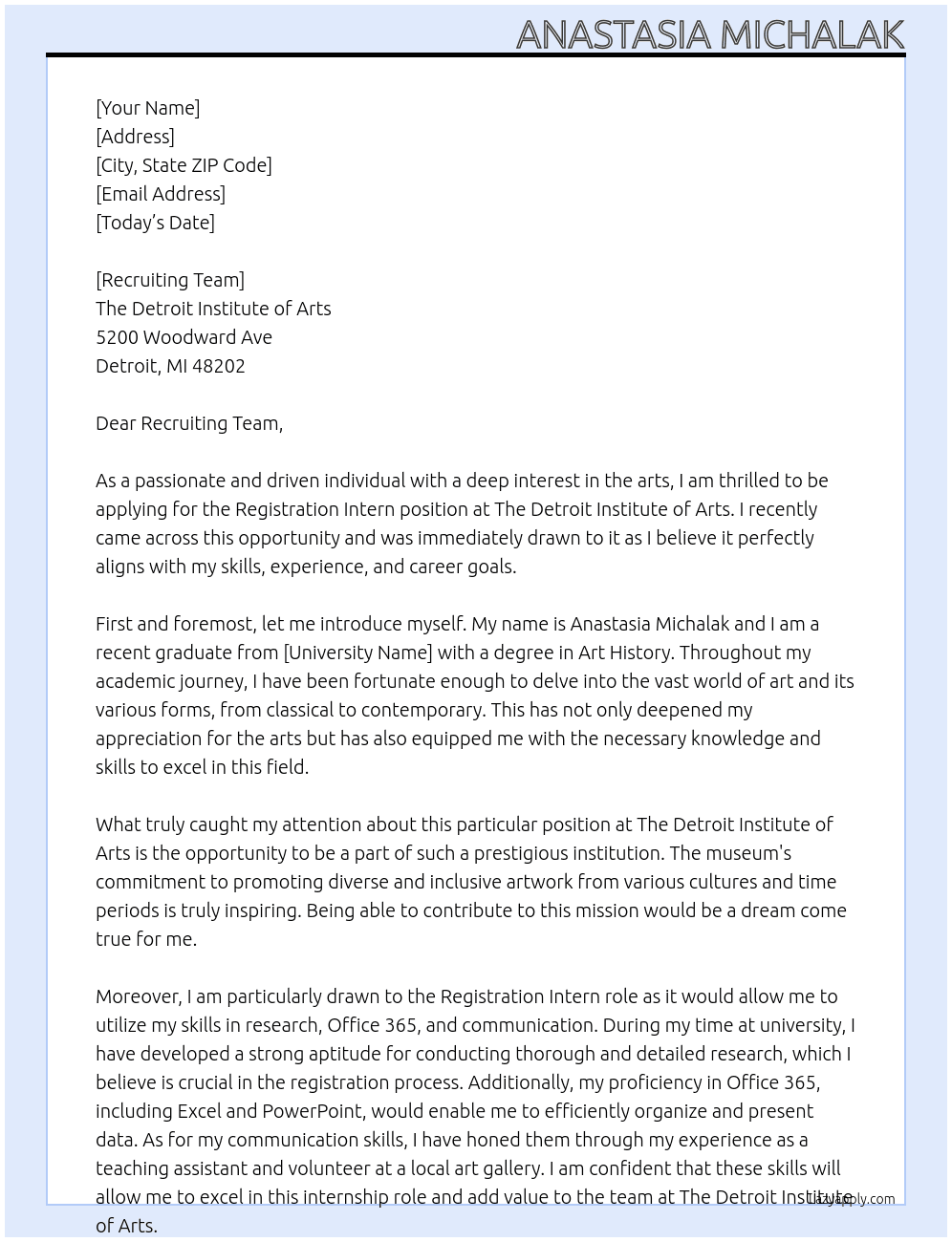 Registration Intern At The Detroit Institute of Arts Cover Letter