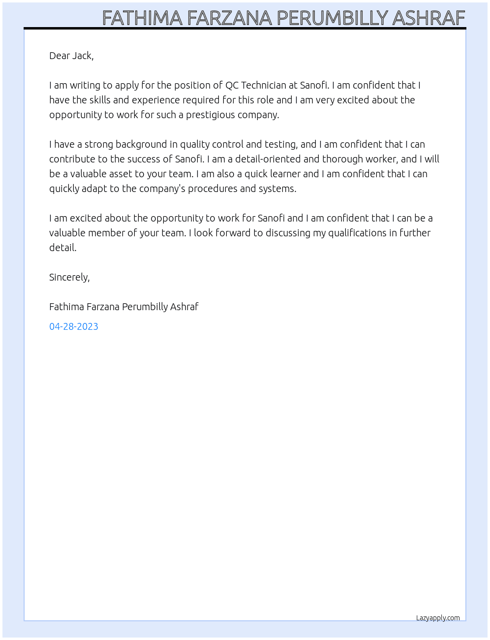 qc technician At sanofi Cover Letter