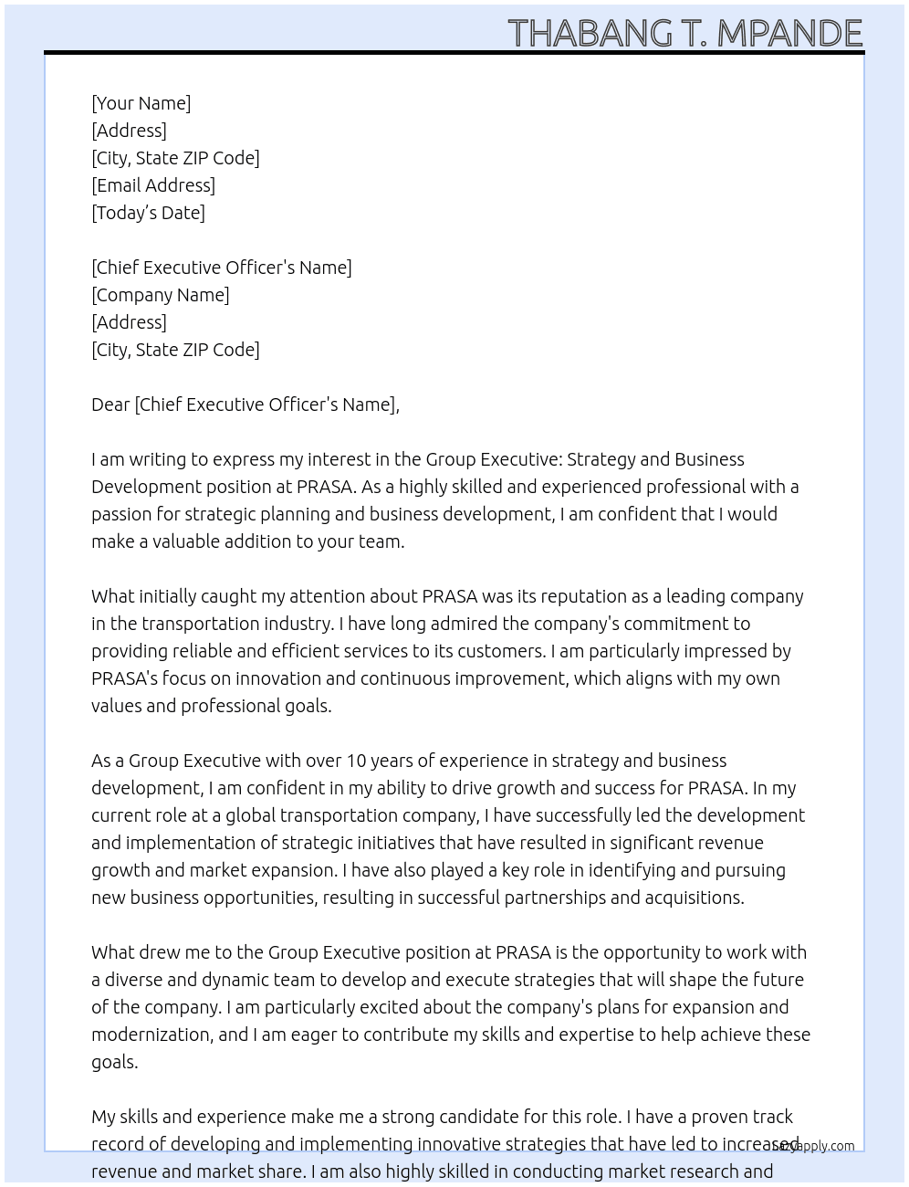 Group Executive: Strategy and Business Development At PRASA Cover Letter