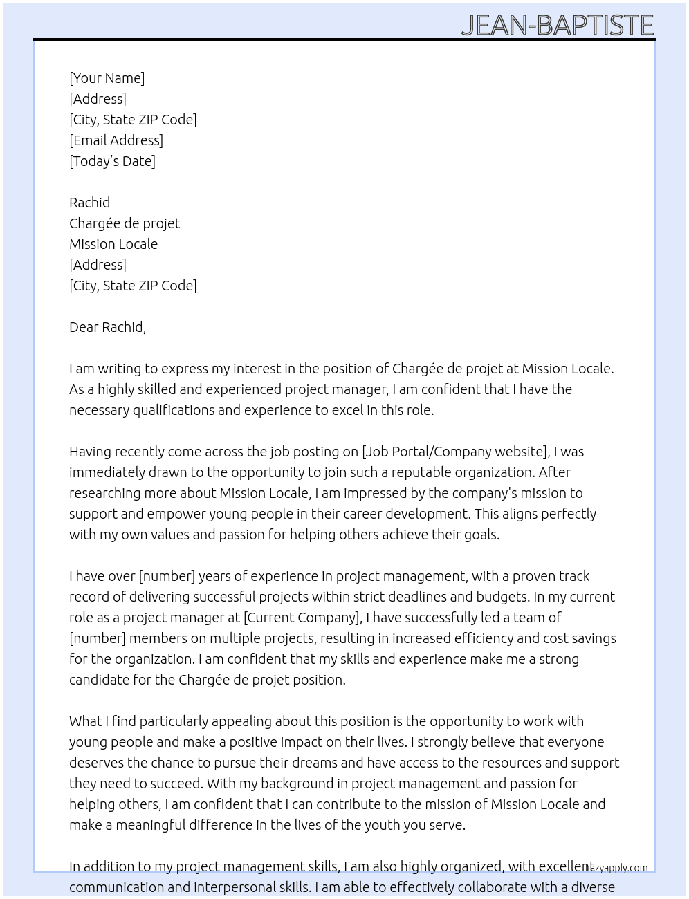 Chargée de projet At Mission Locale Cover Letter