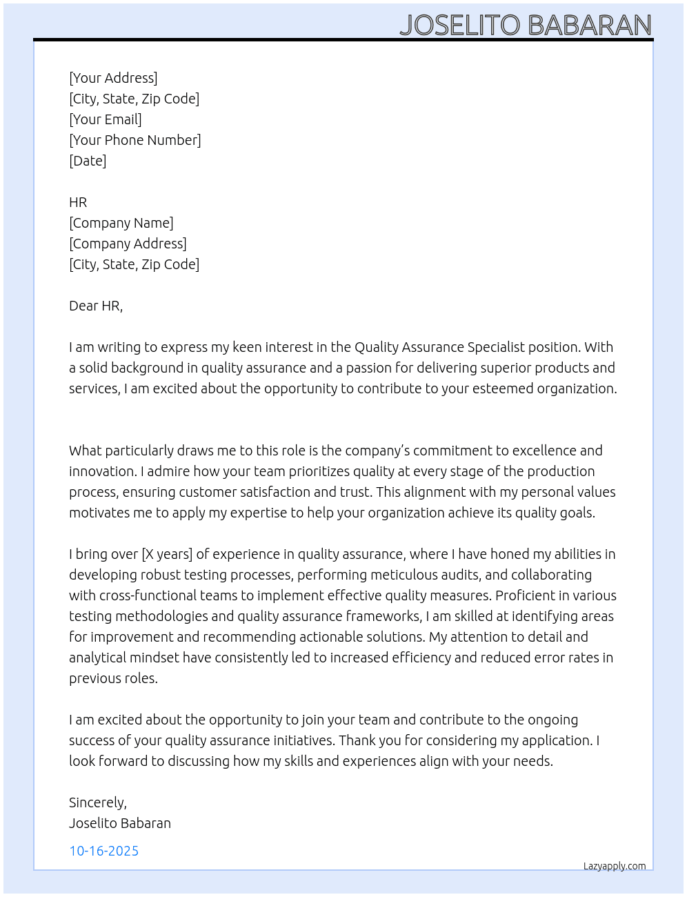 Quality Assurance Specialist At N/A Cover Letter