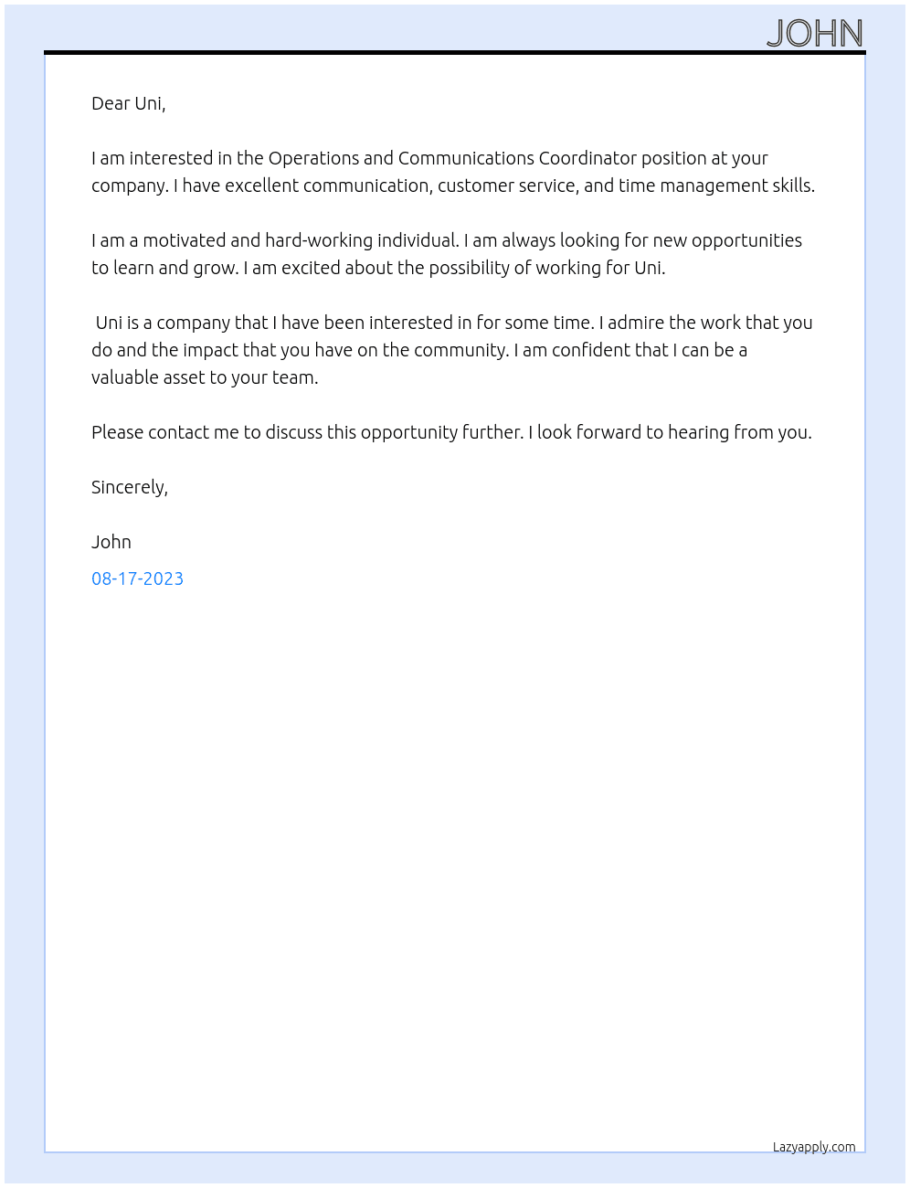 Operations and Communications Coordinator At Uni Cover Letter