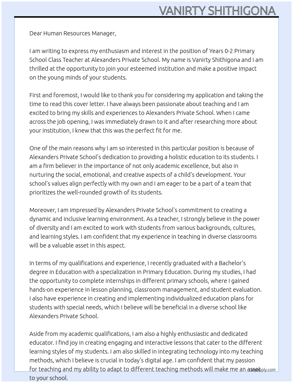 (YEARS 0 - 2) PRIMARY SCHOOL CLASS TEACHER At Alexanders Private School Cover Letter