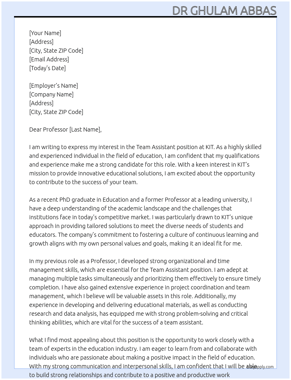 team assistant At KIT  Cover Letter