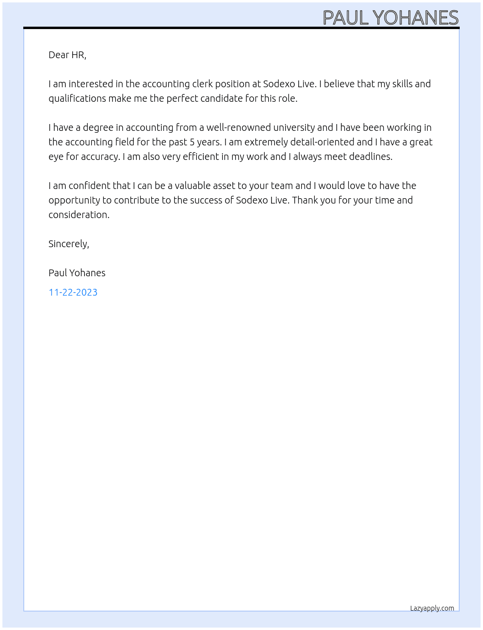 accounting Clerk At Sodexo Live Cover Letter