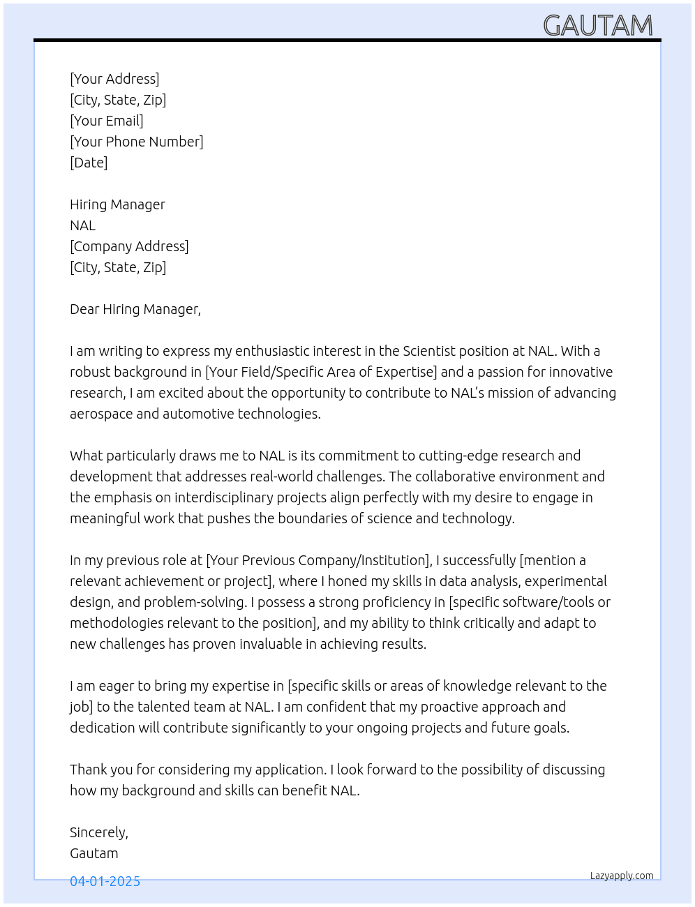 Scientist At NAL Cover Letter