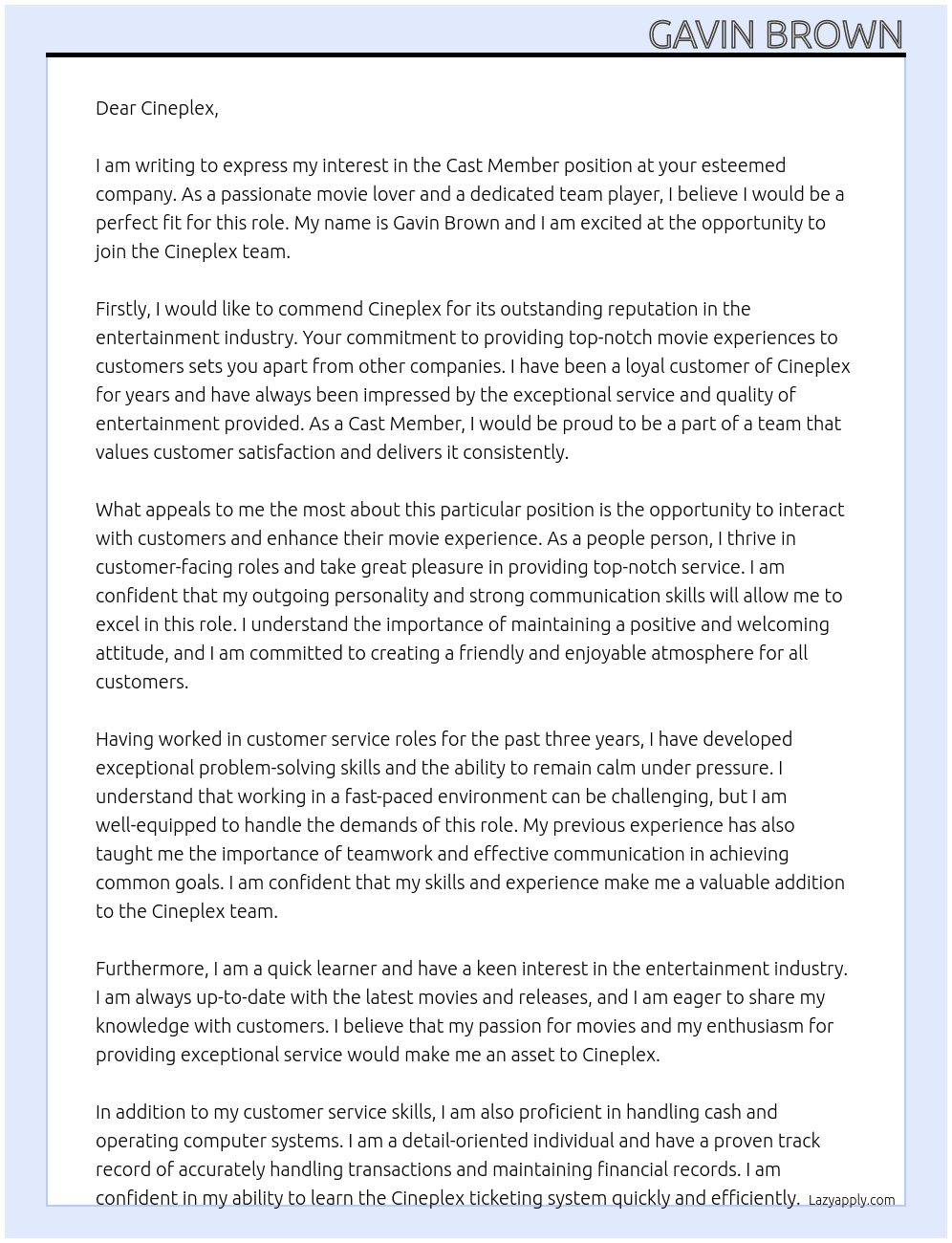 Cast Member  At Cineplex Cover Letter