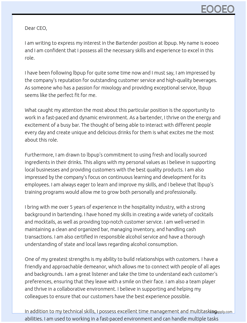 Bartender At lbpup Cover Letter