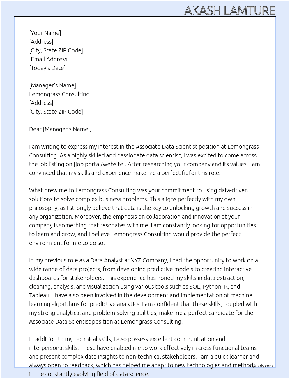 Associate Data Scientist At Lemongrass Consulting Cover Letter