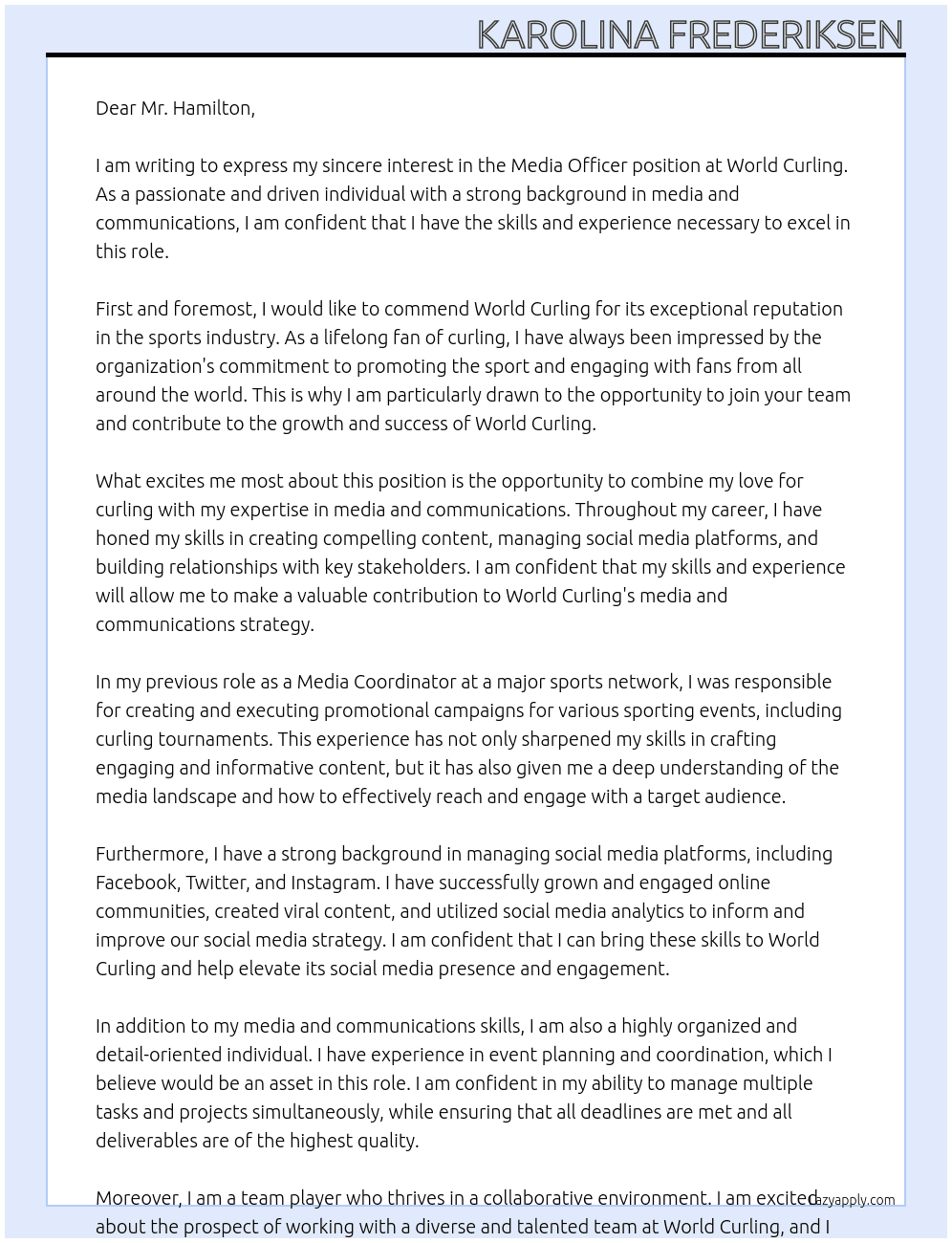 Media Officer At World Curling Cover Letter