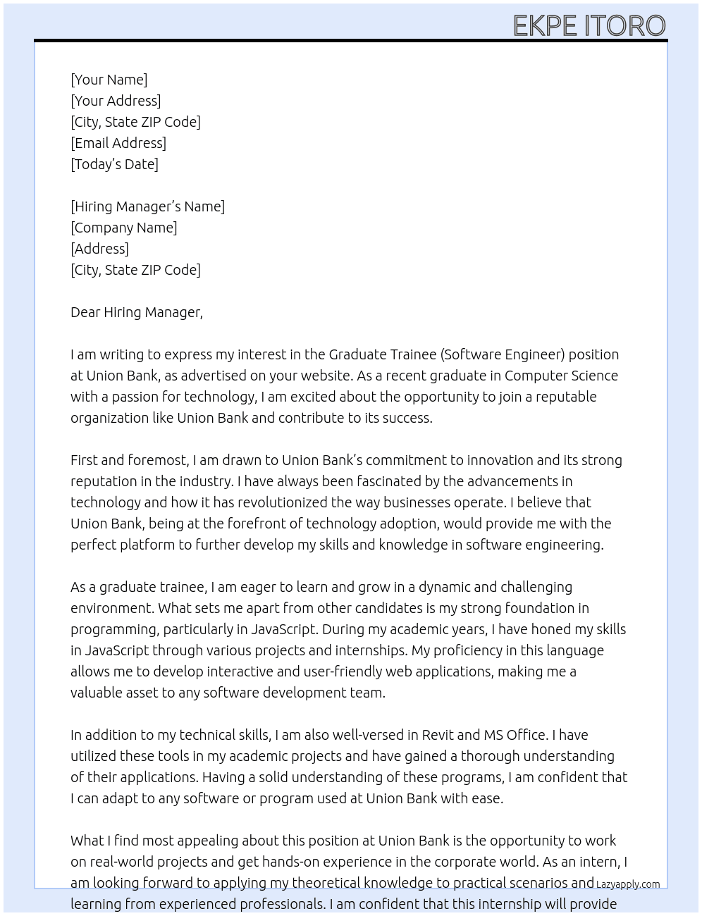 graduate trainee (software engineer)) At Union Bank Cover Letter