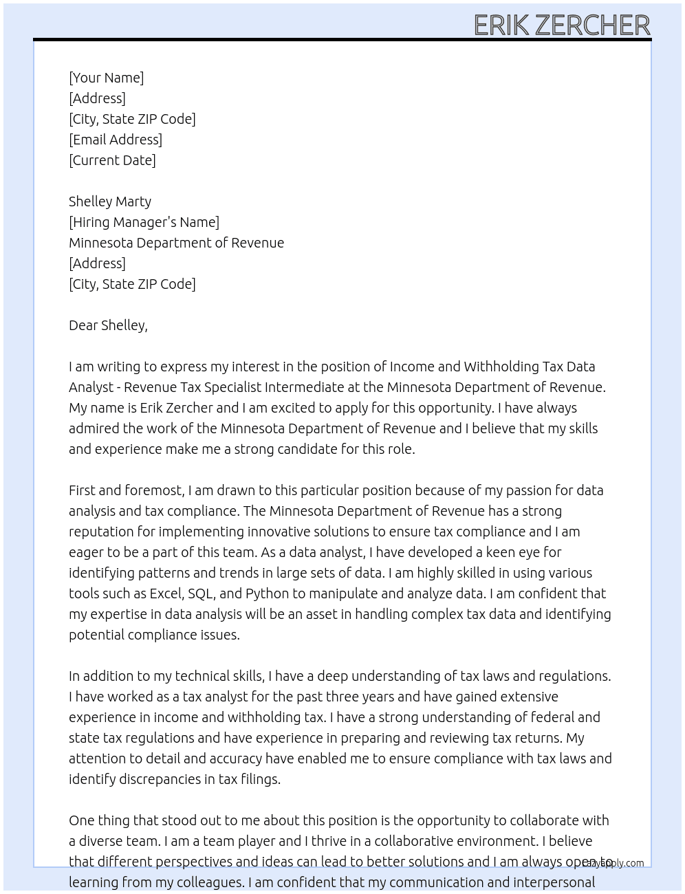 Income and Withholding Tax Data Analyst - Revenue Tax Specialist Intermediate At Minnesota Department of Revenue Cover Letter