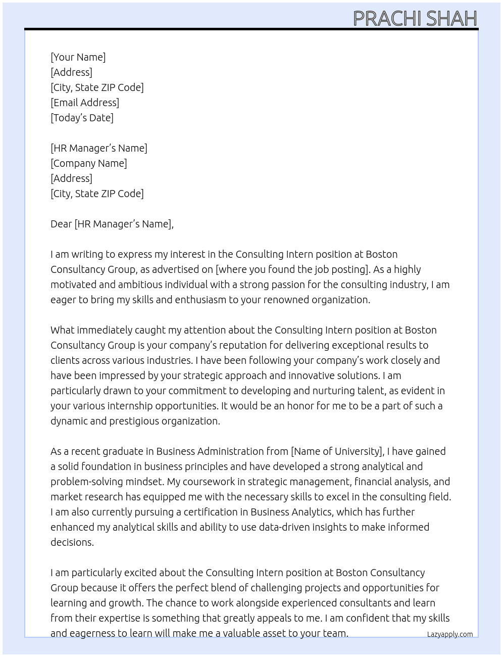 Consulting intern At Boston Consultancy Group Cover Letter