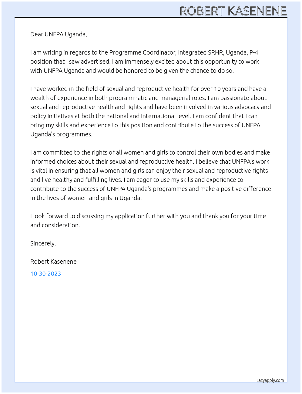 Programme Coordinator, Integrated SRHR, Uganda, P-4 At United Nations Population Fund Cover Letter