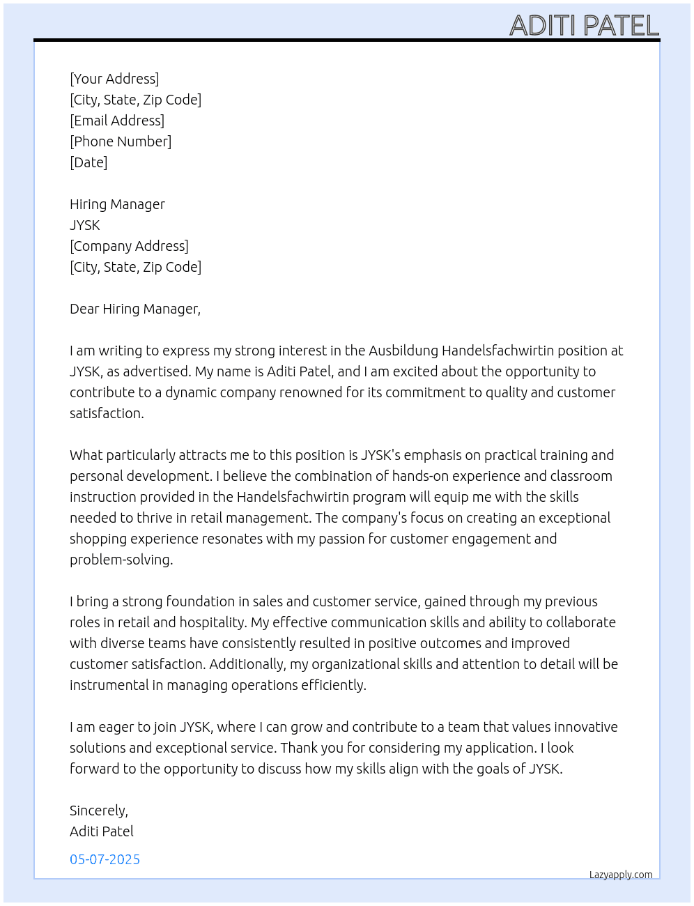 ausbildung handelsfachwirtin At JYSK Cover Letter