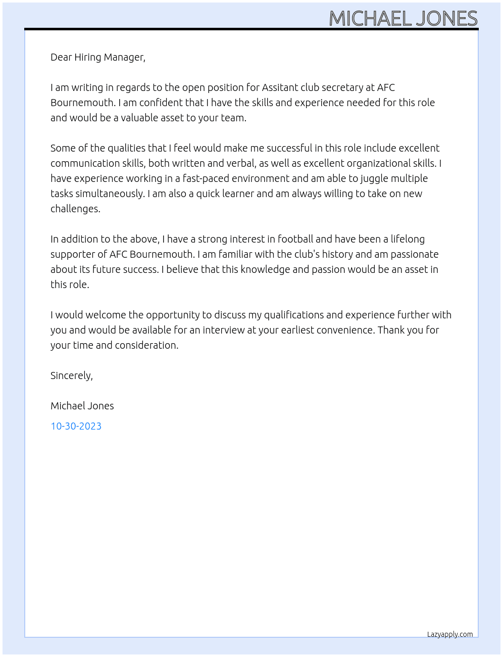 Assitant club secretary At AFC Bournemouth Cover Letter