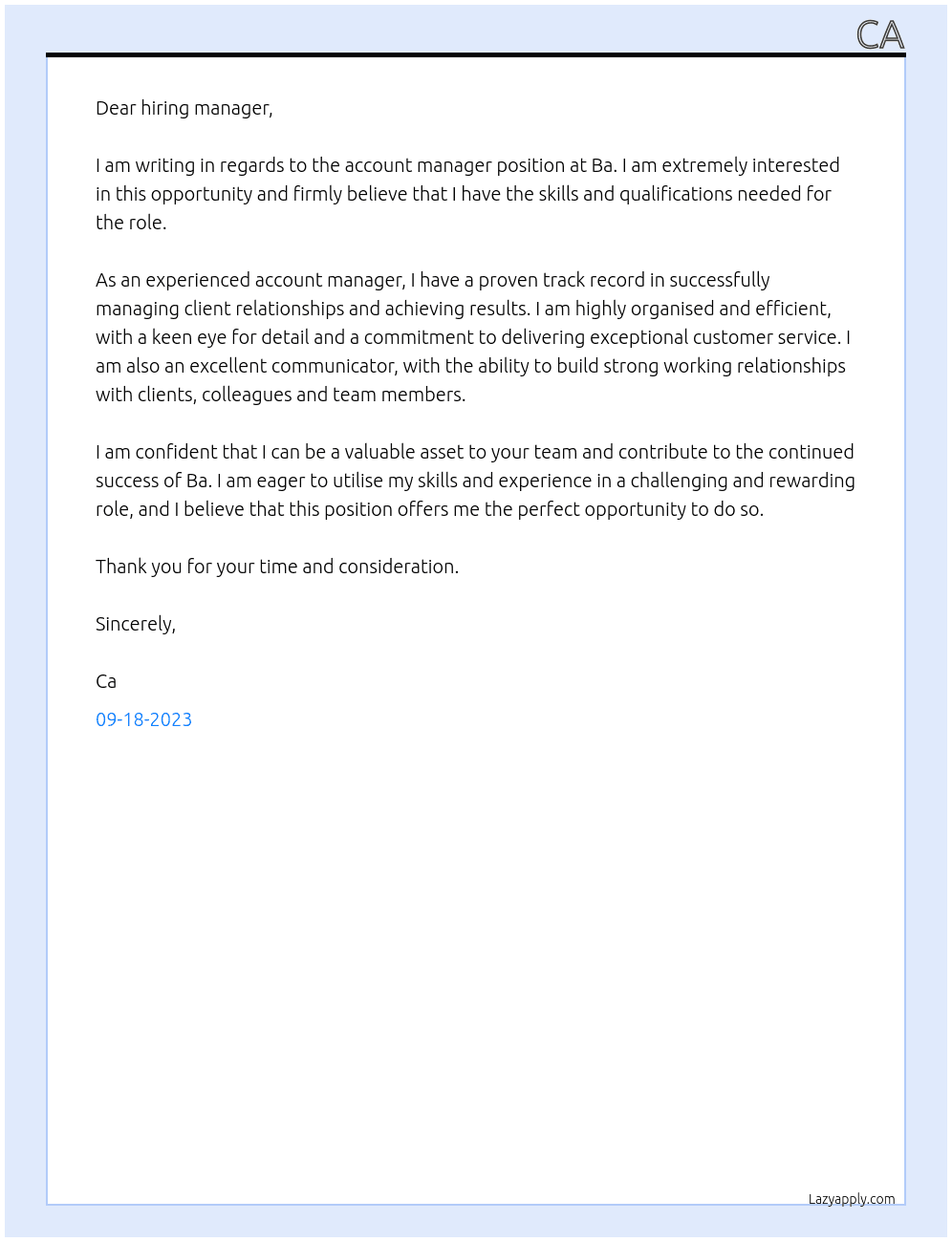 Account manager  At Ba Cover Letter