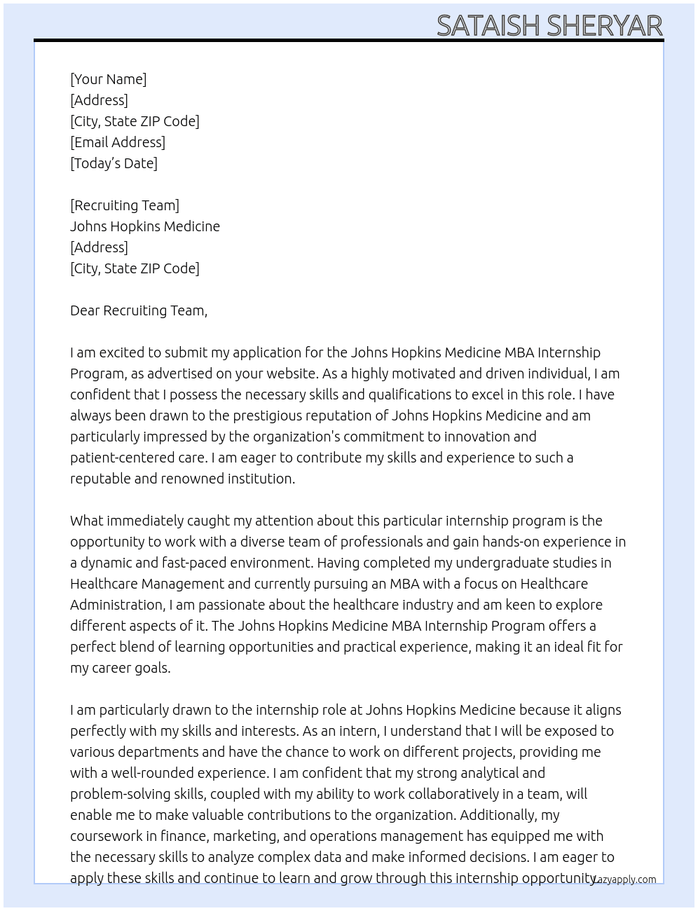 Johns Hopkins Medicine MBA Internship Program At Johns Hopkins Medicine Cover Letter
