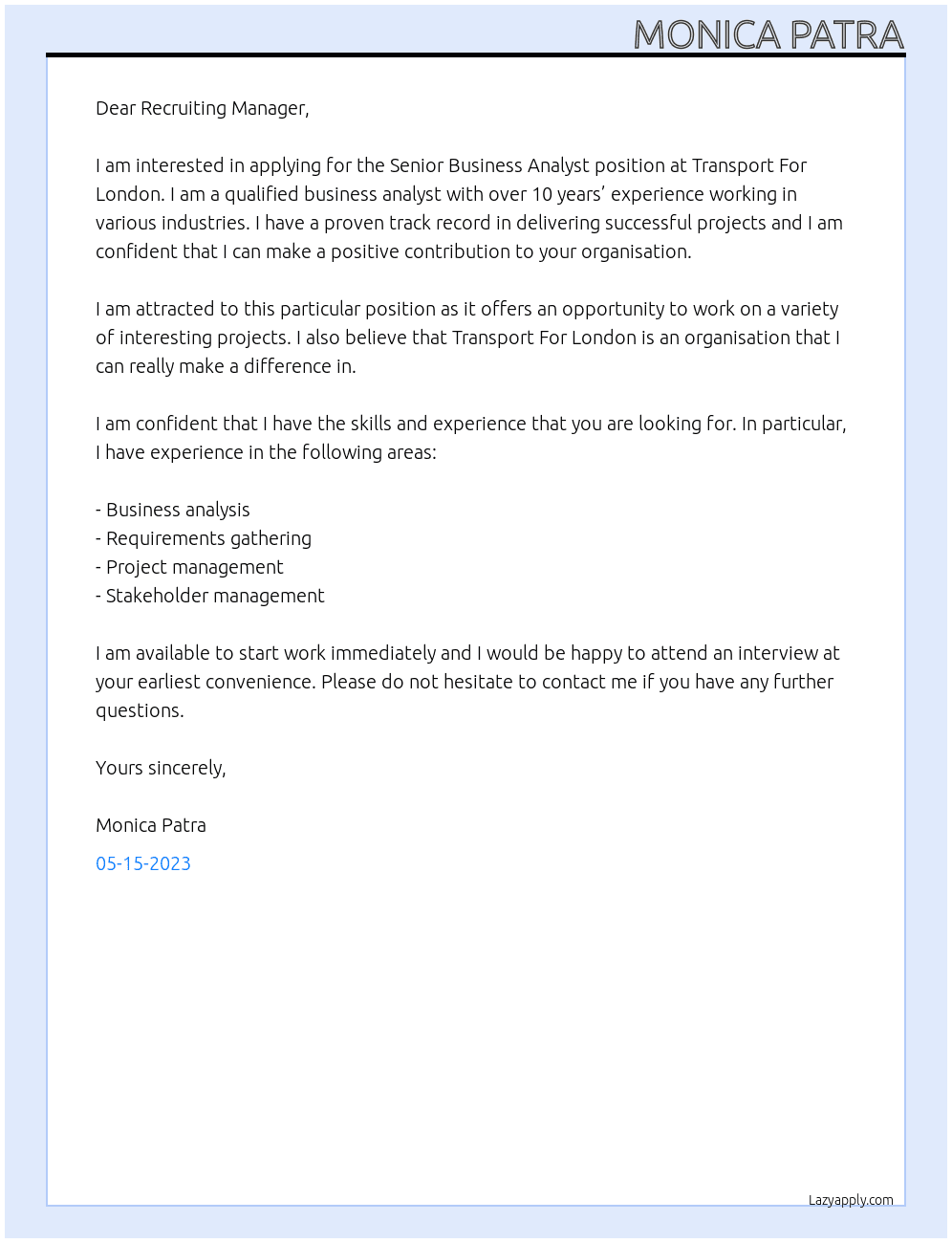 Senior Business Analyst At Transport For London  Cover Letter