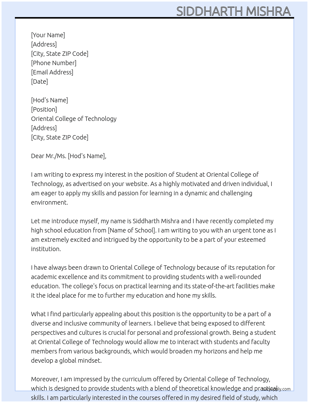 Student  At Oriental College of technology  Cover Letter