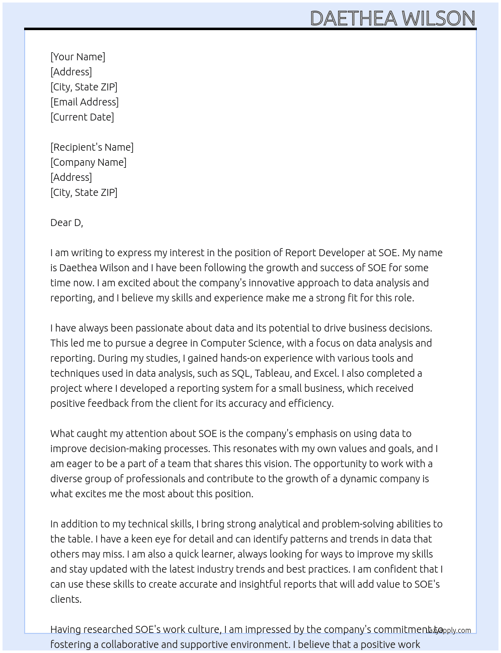 Report Developer At SOE Cover Letter